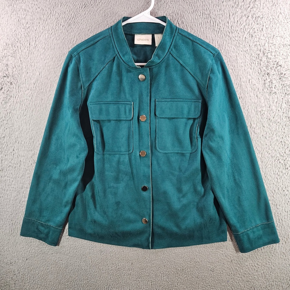 Chicos Womens Teal Faux Suede Utility Jacket Mock Neck Button Front Size 1 M